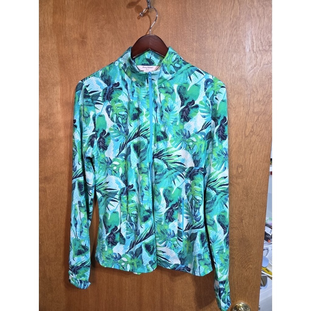 Tommy Bahama Golf Jacket‎ Womens XL Tropical Palm Print Full Zip Green Blue